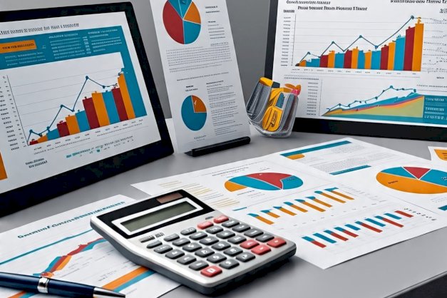 en la imagen se puede ver una calculadora sobre un escritorio  y unas computadoras y graficos
